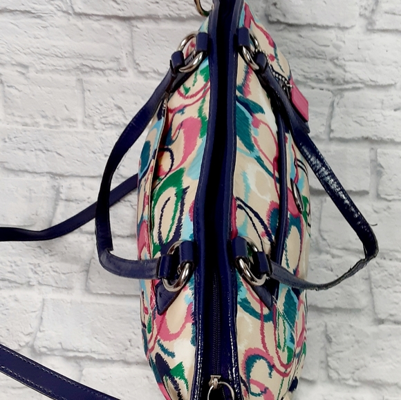 Coach multi color print logo canvas and leather satchel bag - Picture 4 of 16